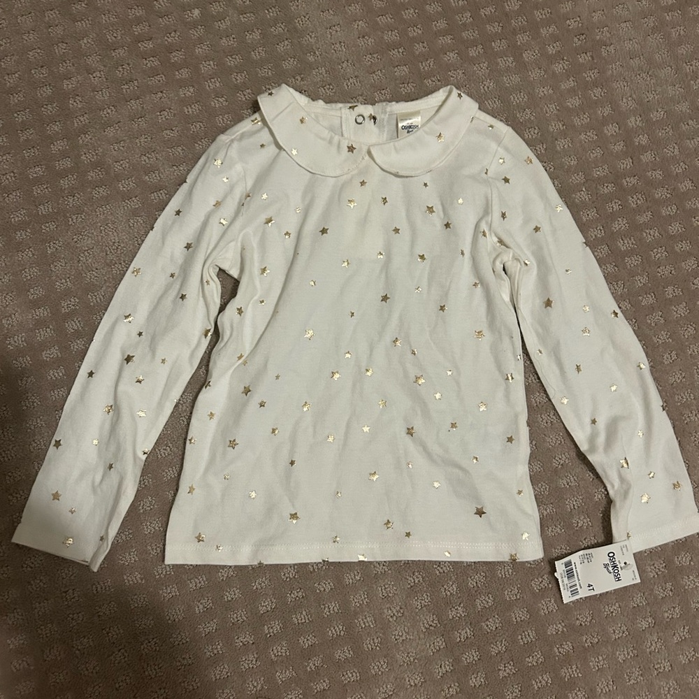 OshKosh B'gosh White and Gold Blouse with Ruffle Neckline